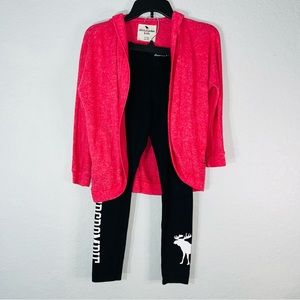 Abercrombie Kids Set Pink Cardigan w Pockets & Hoodie 7-8 & Black Leggings 9-10